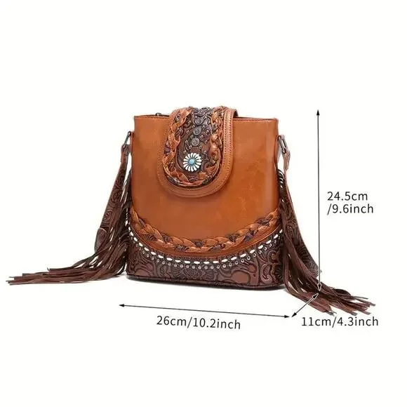 NEW Crossbody Bag Womens Brown Vintage Western Bucket Bag Ethnic Tooled Fringe - Picture 5 of 6